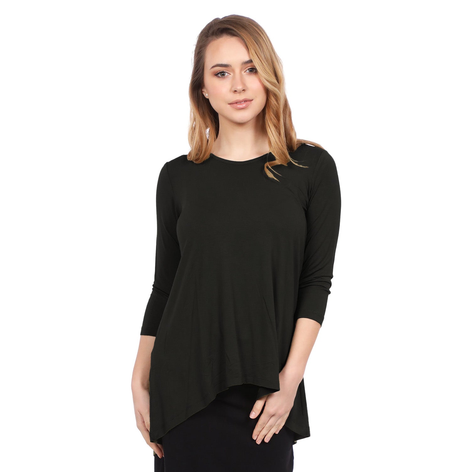 1256 Hi Lo Flowing ¾ Sleeve Modest Tunic Top Black Front View Zoomed