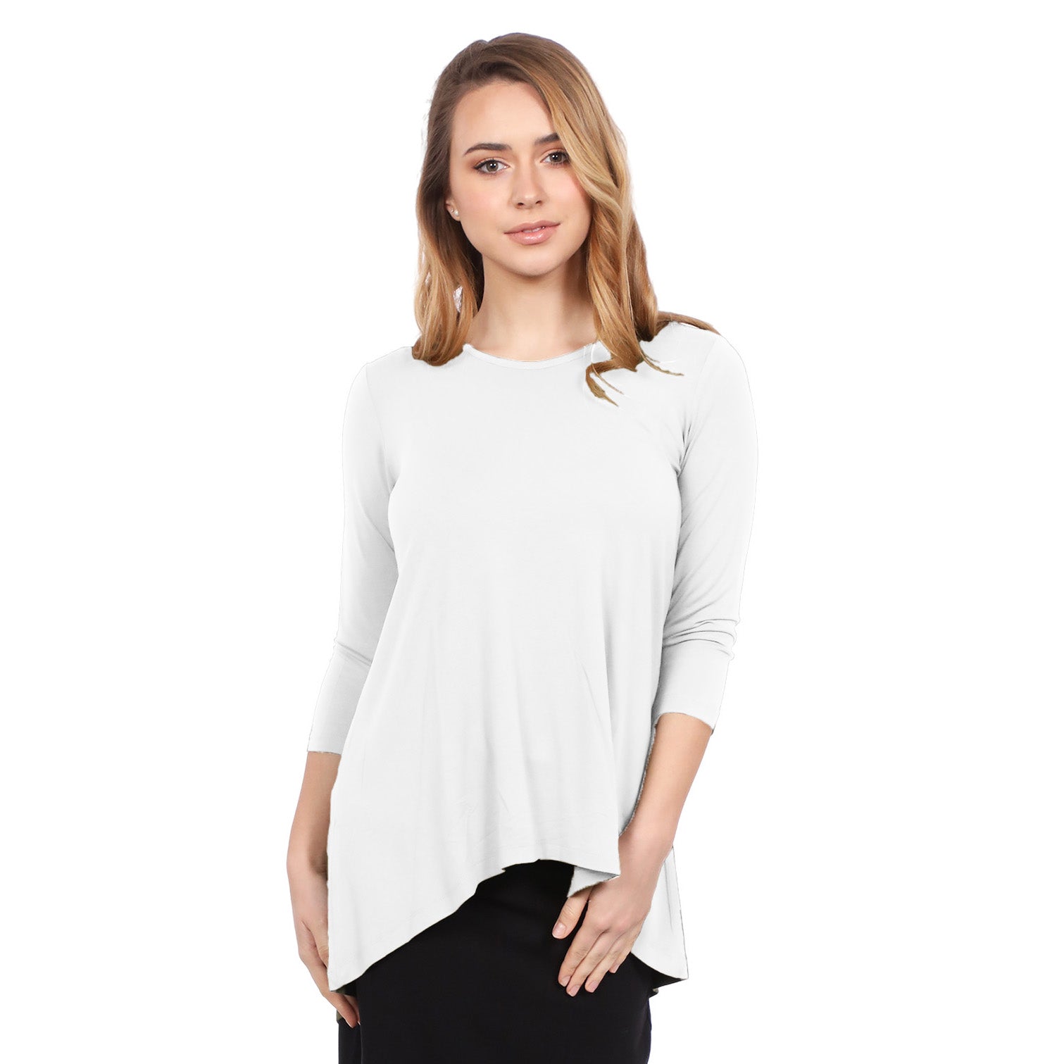 1256 Hi Lo Flowing ¾ Sleeve Modest Tunic Top White Front View Zoomed