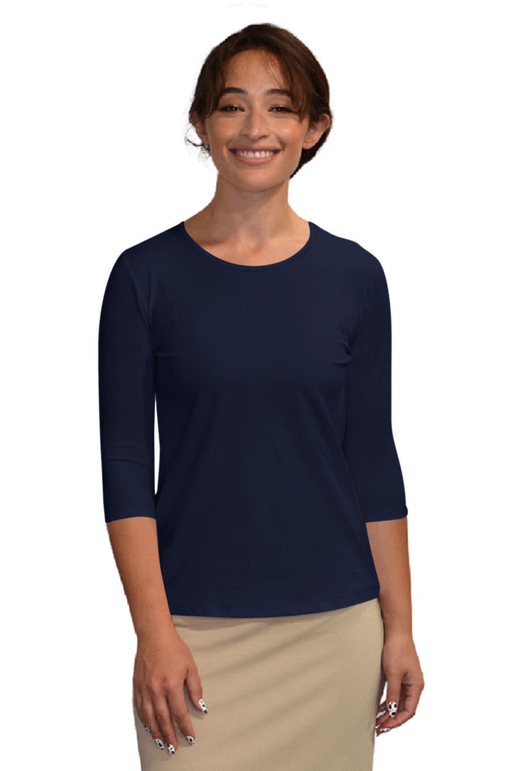 1258 essential 3-4 sleeve modest crew neckline shell dark navy front cropped