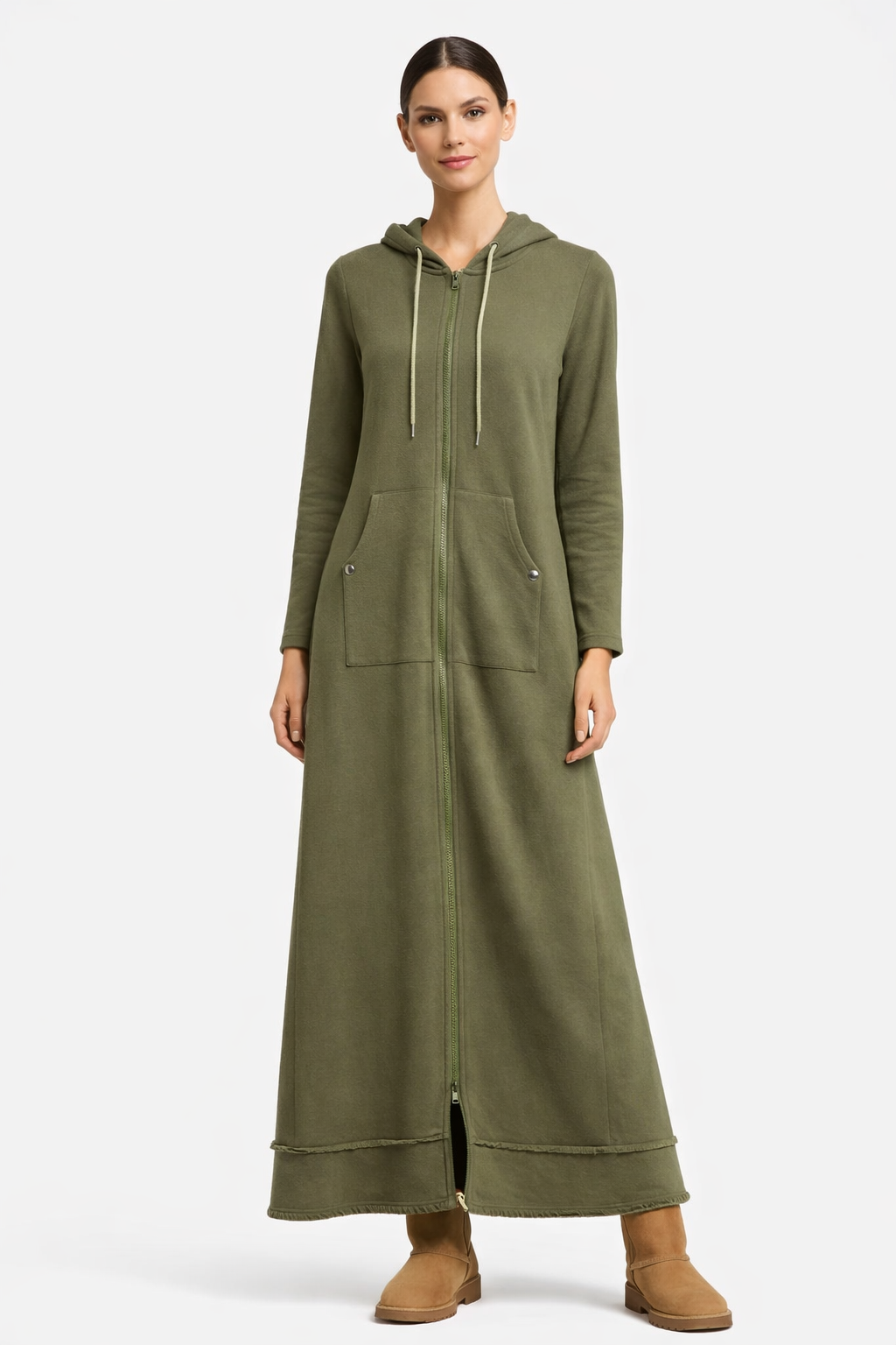 Maxi A-Line Hoodie Coat Dress in Black, Olive & Bordeaux