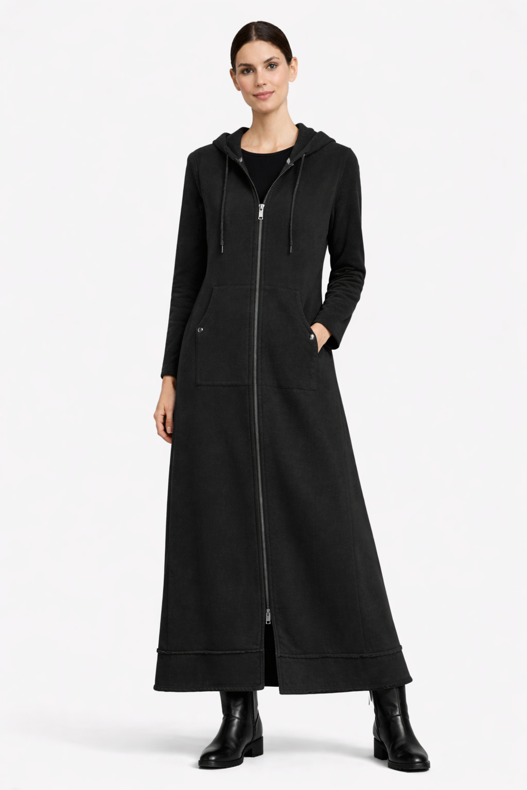 Maxi A-Line Hoodie Coat Dress | Modest Dress & Jacket in One Black / X-Large Maxi A-Line Hoodie Coat Dress | Modest Dress & Jacket in One Black / X-Large
