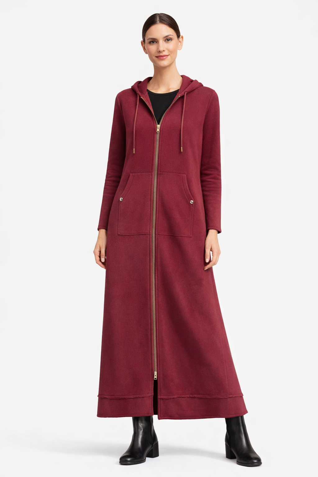 Maxi A-Line Hoodie Coat Dress in Black, Olive & Bordeaux