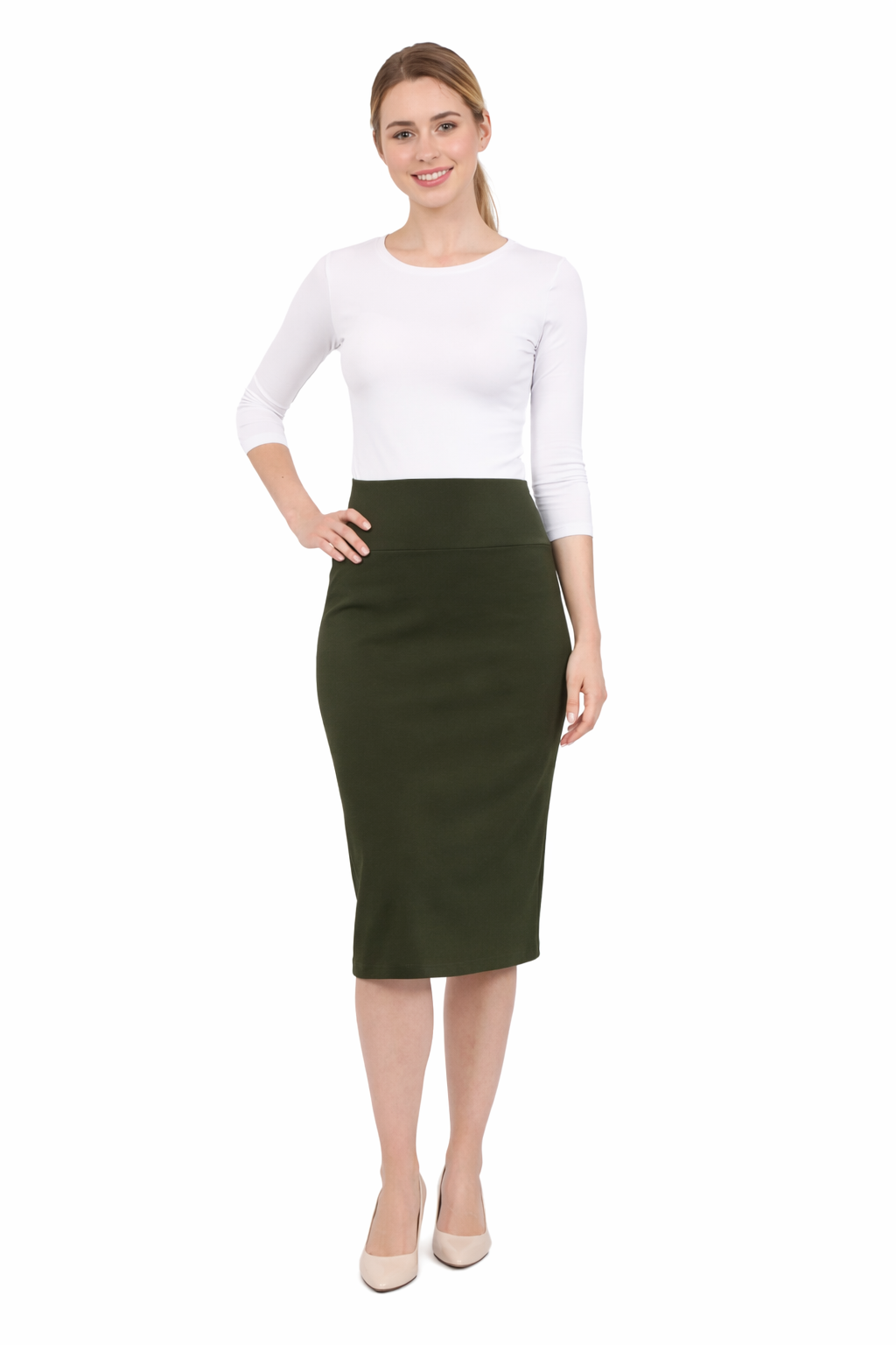 Women's Cotton Spandex Stretch Knee-Length Modest Pencil Skirt
