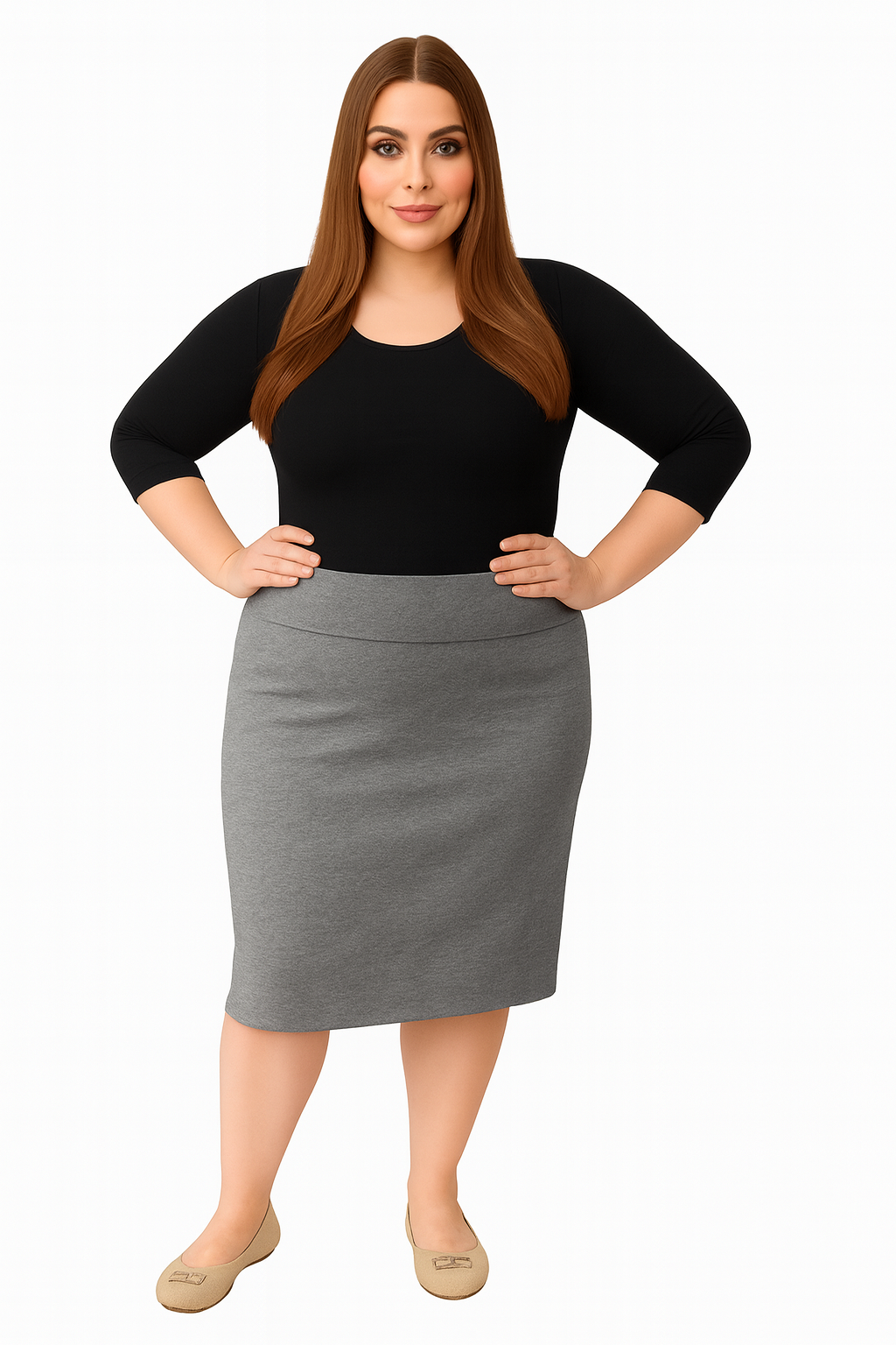 Plus Size Modest Stretch Knee Length Pencil Skirt in Cotton Spandex