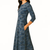 Fitted Bodice Maxi Summer Dress with 3/4 Sleeves with Pockets
