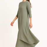 Modest Maxi Dress - Three Quarter Sleeve Soft Cotton Crinkle Fabric Double Layer Design