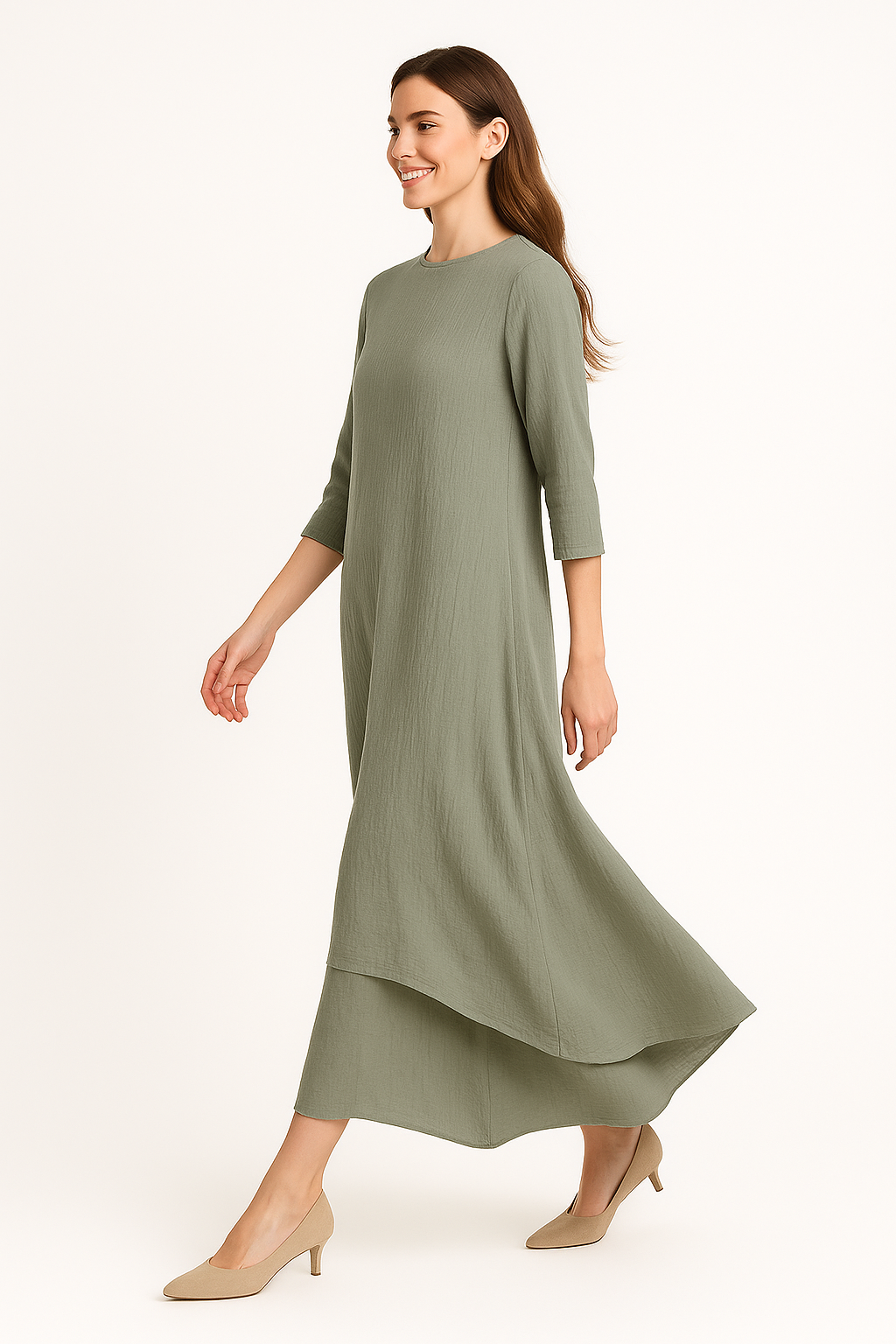 three quarter sleeve maxi dress Linen Three Quarter Sleeve Maxi Shirt Dress - Flax