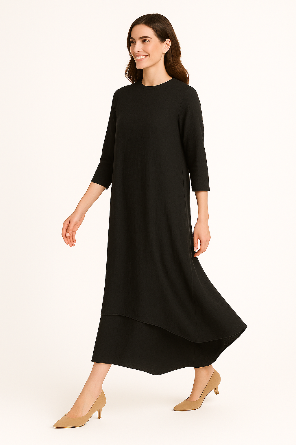 Modest Maxi Dress - Three Quarter Sleeve Soft Cotton Crinkle Fabric Double Layer Design Black / X-Small Modest Maxi Dress - Three Quarter Sleeve Soft Cotton Crinkle Fabric Double Layer Design Black / X-Small
