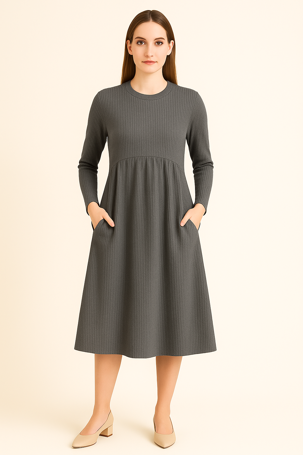 Curved Empire Waist Waffle Knit Long Sleeve Dress with Pockets Black Walnut Grey