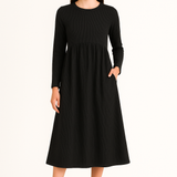 Curved Empire Waist Waffle Knit Long Sleeve Dress with Pockets Black Walnut Grey