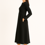 Curved Empire Waist Waffle Knit Long Sleeve Dress with Pockets Black Walnut Grey