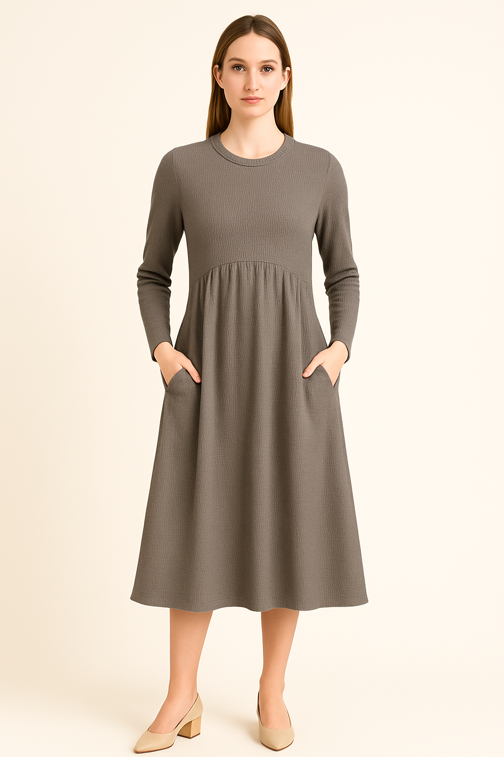 Curved Empire Waist Waffle Knit Long Sleeve Dress with Pockets Black Walnut Grey