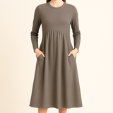 Curved Empire Waist Waffle Knit Long Sleeve Dress with Pockets Black Walnut Grey
