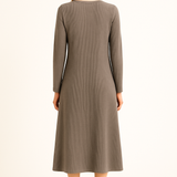 Curved Empire Waist Waffle Knit Long Sleeve Dress with Pockets Black Walnut Grey