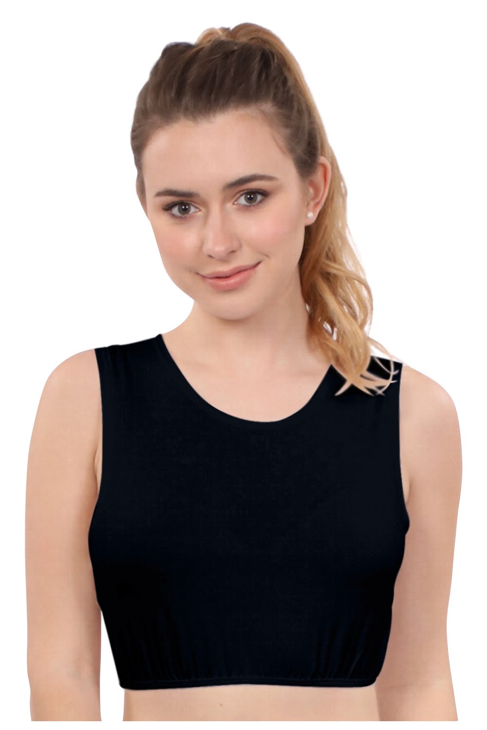1631 cropped layering tank with full shoulder coverage jewel neckline reg black front