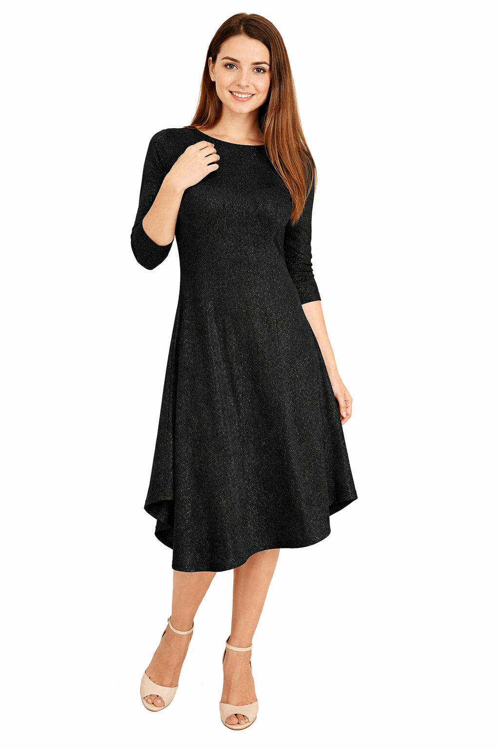 Flowing Midi Dress with 3/4 Sleeves and Dramatic Drape Spring/Summer '26 Black Sparkle / X-Large Flowing Midi Dress with 3/4 Sleeves and Dramatic Drape Spring/Summer '26 Black Sparkle / X-Large