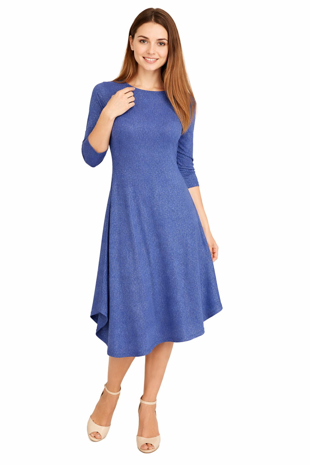 Flowing Midi Dress with 3/4 Sleeves and Dramatic Drape Spring/Summer ' Kosher Casual USA Flowing Midi Dress with 3/4 Sleeves and Dramatic Drape Spring/Summer ' Kosher Casual USA
