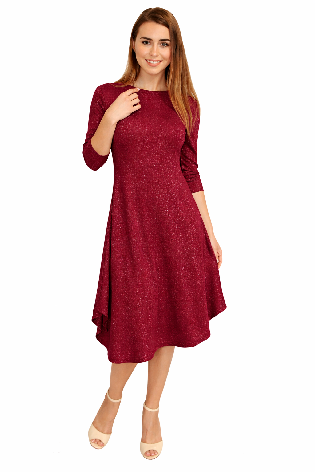 Flowing Midi Dress with 3/4 Sleeves and Dramatic Drape Spring/Summer ' Kosher Casual USA Flowing Midi Dress with 3/4 Sleeves and Dramatic Drape Spring/Summer ' Kosher Casual USA