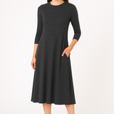 Mid-Calf 3/4 Sleeve Swing Dress with Pockets