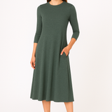 Mid-Calf 3/4 Sleeve Swing Dress with Pockets
