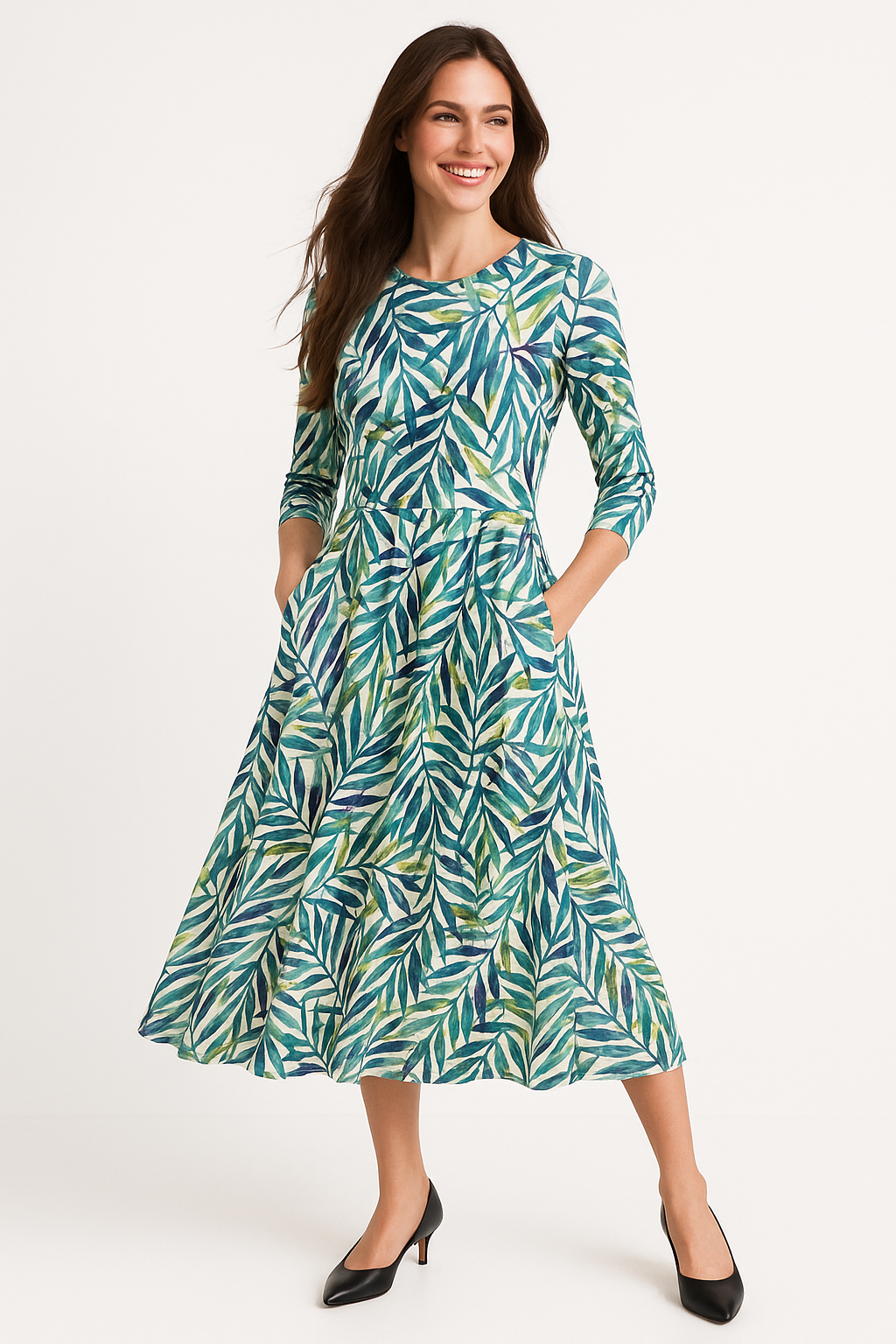 Mid-Calf 3/4 Sleeve Swing Dress with Pockets
