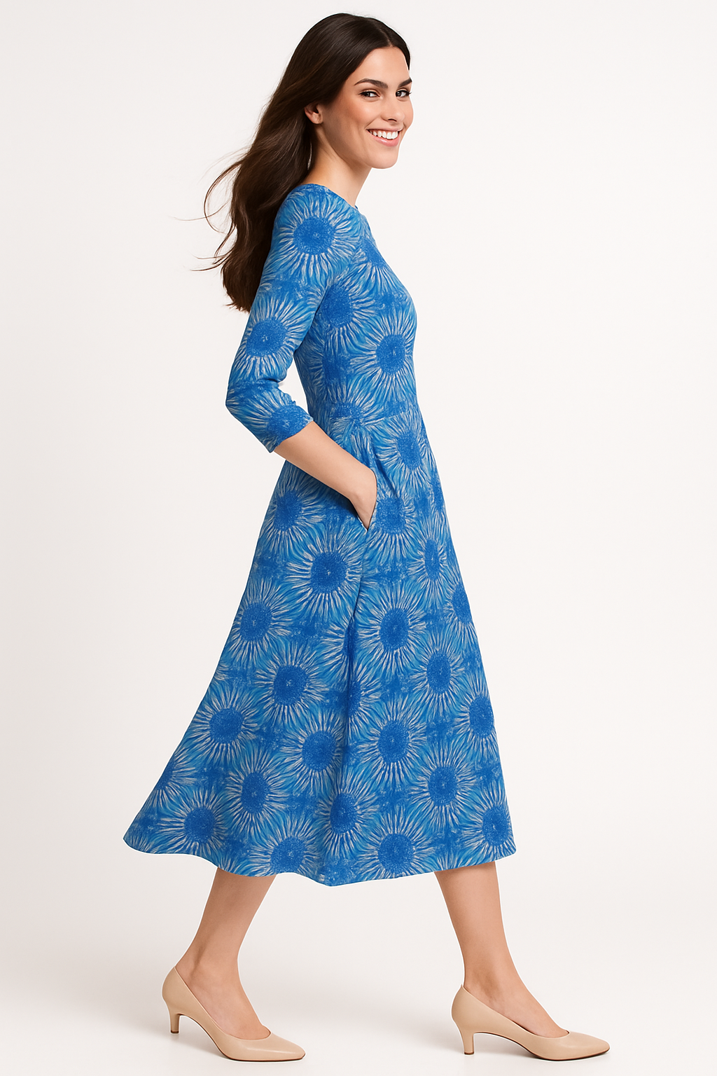Mid-Calf 3/4 Sleeve Swing Dress with Pockets
