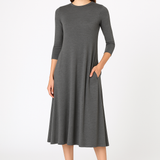 Mid-Calf 3/4 Sleeve Swing Dress with Pockets
