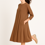 Relaxed Fit Modest 3/4 Sleeve Knee-Length Dress with Pockets
