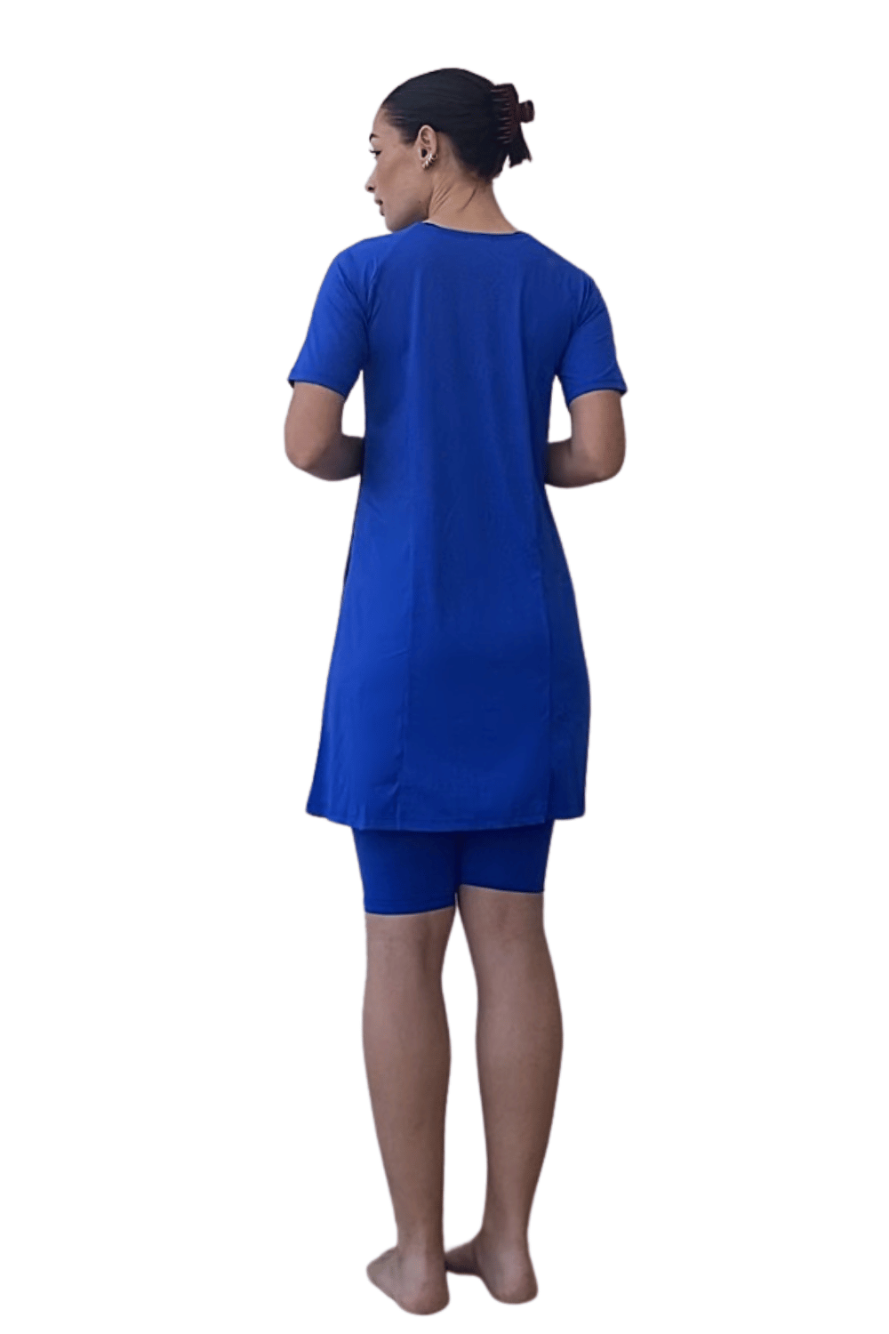 Modest Two-Piece Swim Dress Set - Elbow Sleeves with Knee-Length Leggings | UPF Protection Black/Purple Magic / X-Small Modest Two-Piece Swim Dress Set - Elbow Sleeves with Knee-Length Leggings | UPF Protection Black/Purple Magic / X-Small
