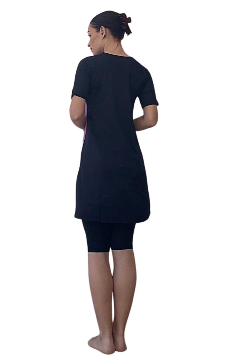 Modest Two-Piece Swim Dress Set - Elbow Sleeves with Knee-Length Leggings | UPF Protection Black/Purple Magic / X-Small Modest Two-Piece Swim Dress Set - Elbow Sleeves with Knee-Length Leggings | UPF Protection Black/Purple Magic / X-Small