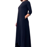 A-line Cotton Ribbed Maxi Dress - Modest Neckline,  3/4 Sleeves and Pockets