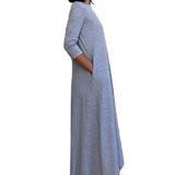 A-line Cotton Ribbed Maxi Dress - Modest Neckline,  3/4 Sleeves and Pockets