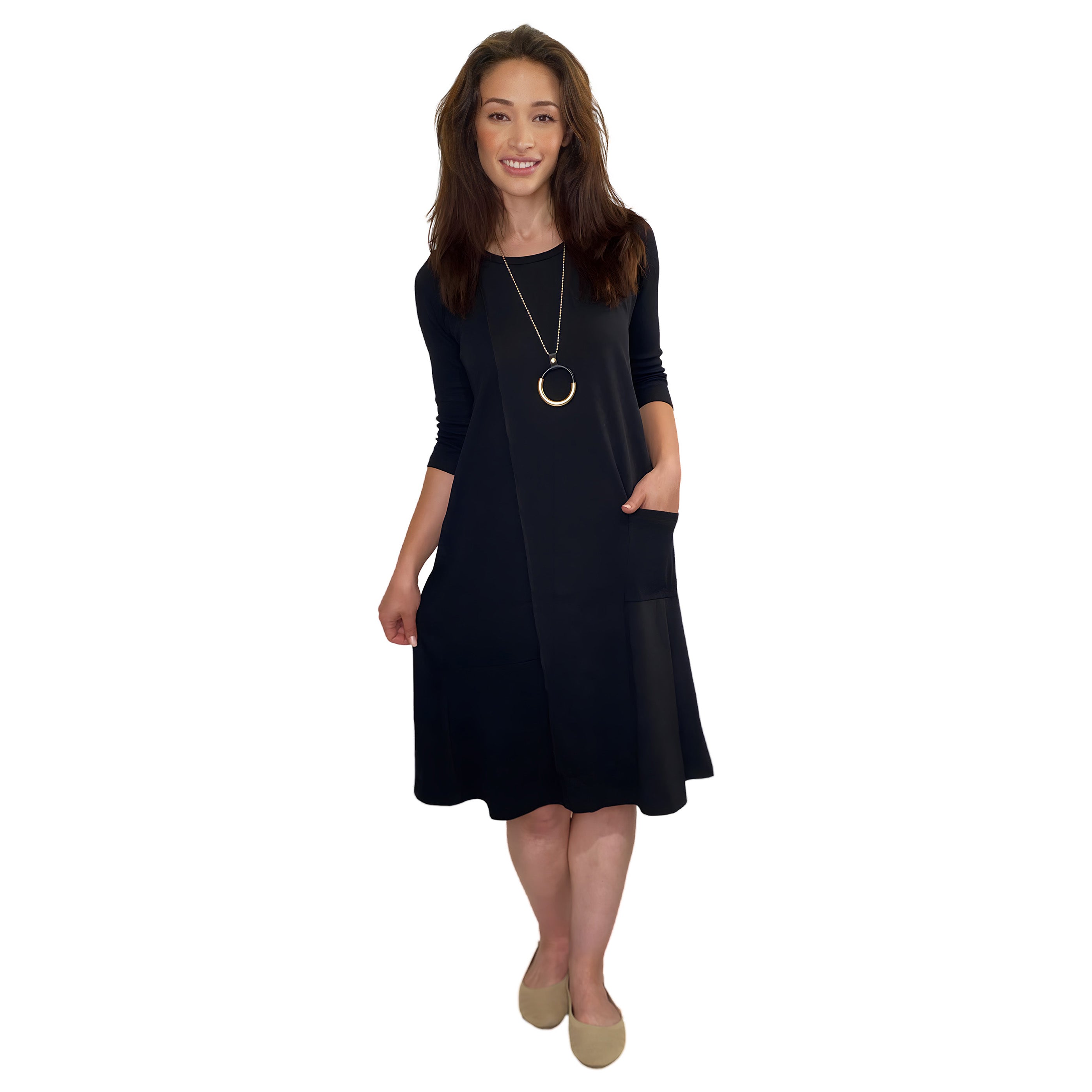Classic 100% Cotton A-Line Dress with 3/4 Sleeves Black / Small Classic 100% Cotton A-Line Dress with 3/4 Sleeves Black / Small