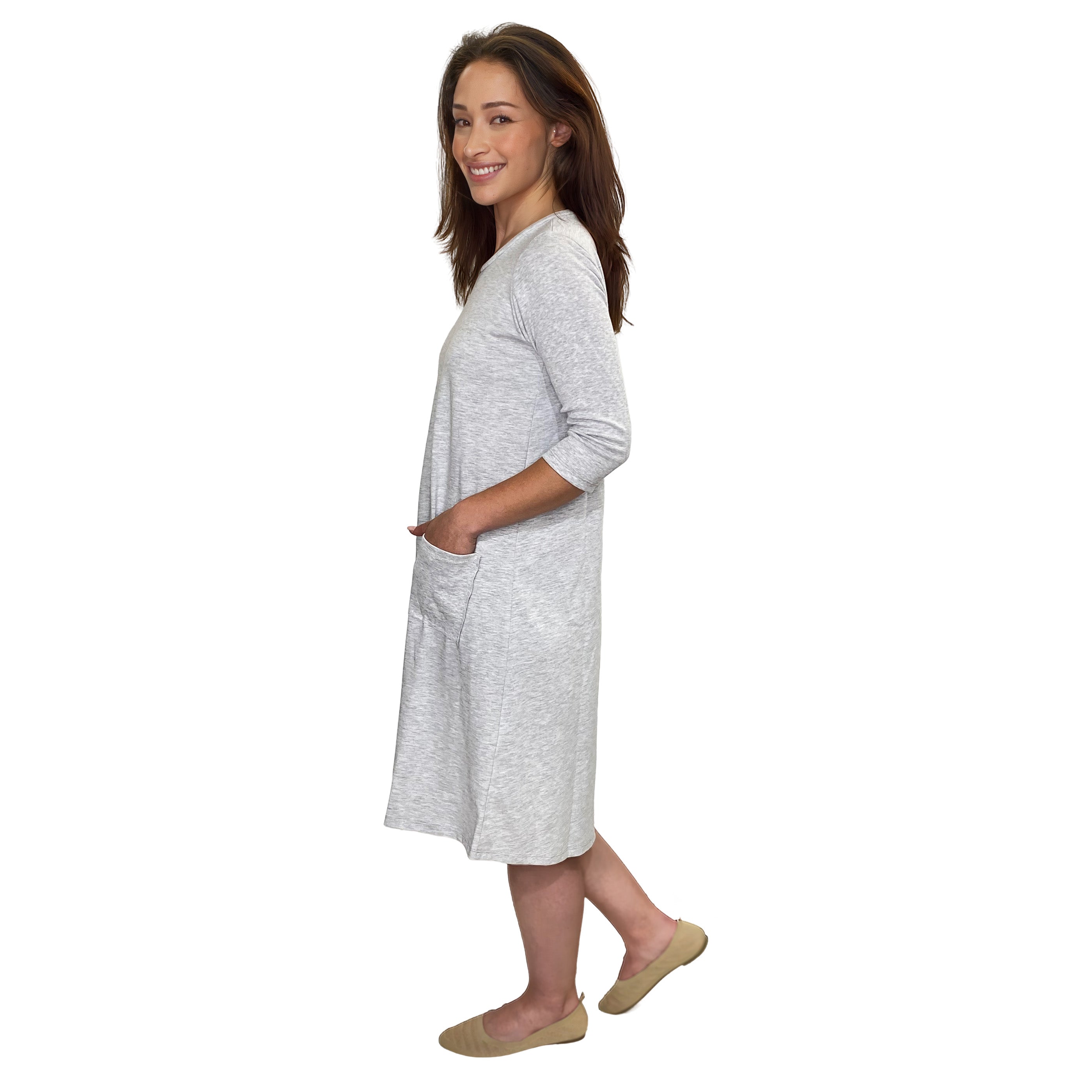 Classic 100% Cotton A-Line Dress with 3/4 Sleeves Heather Grey / Large