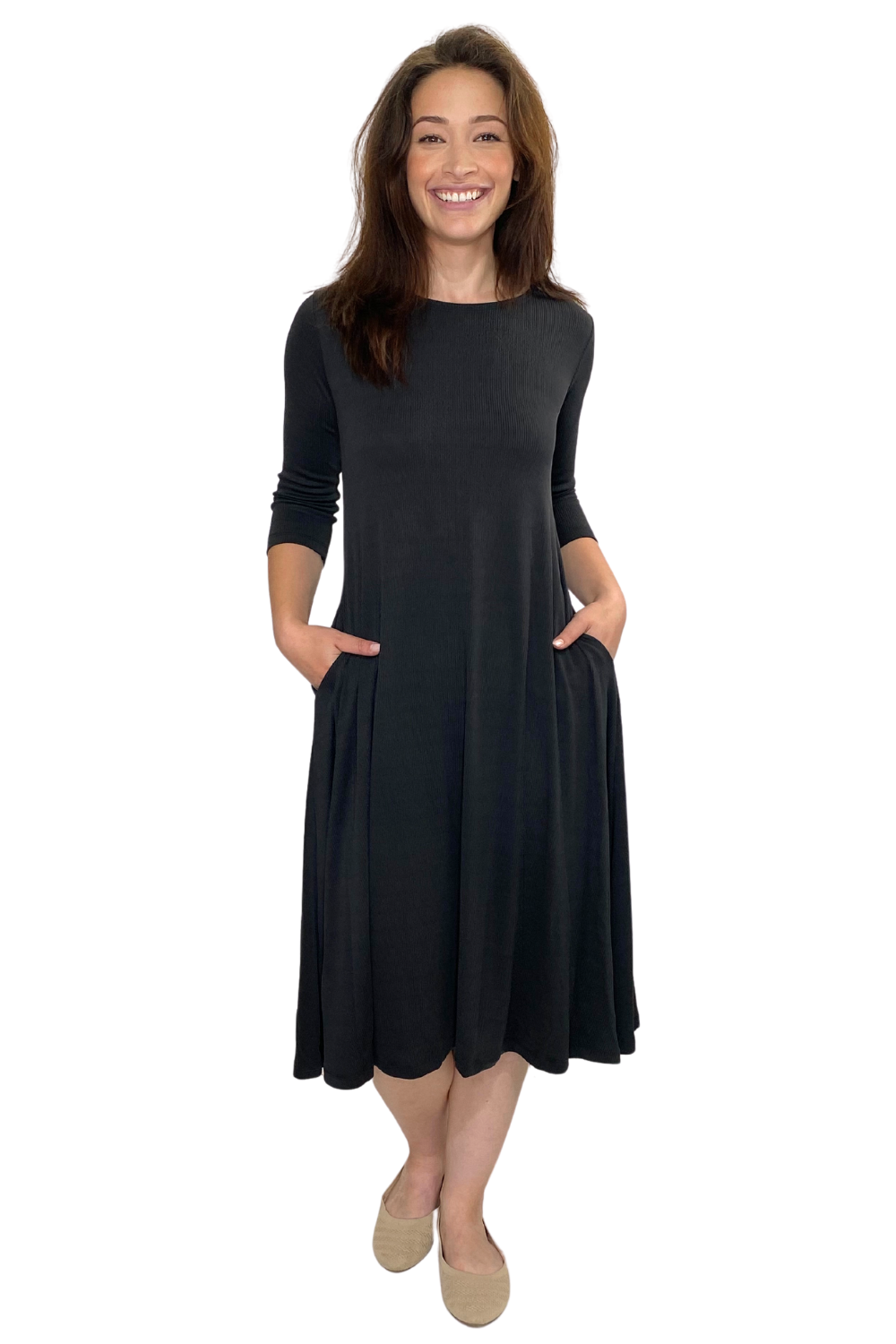 Ribbed Modal A-Line Swing Midi Dress with Pockets