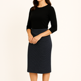 Modest Midi Pencil Skirt Below the Knee with Elastic Waist - Striped Pattern