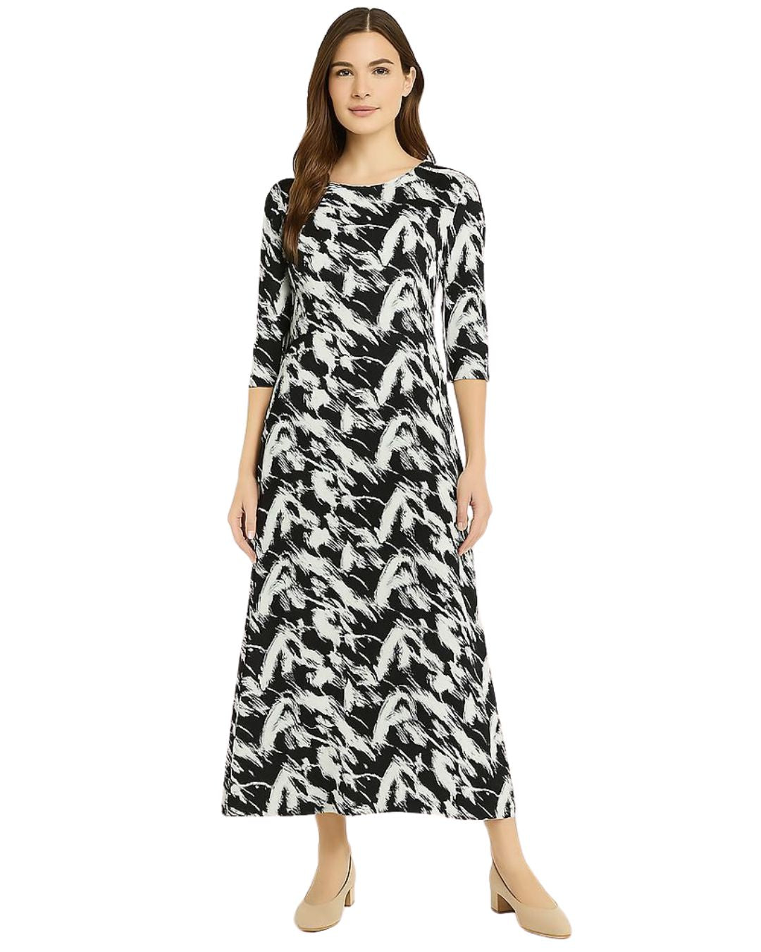 Fitted Bodice Maxi Summer Dress with 3/4 Sleeves with Pockets Black White Splash Print / Small