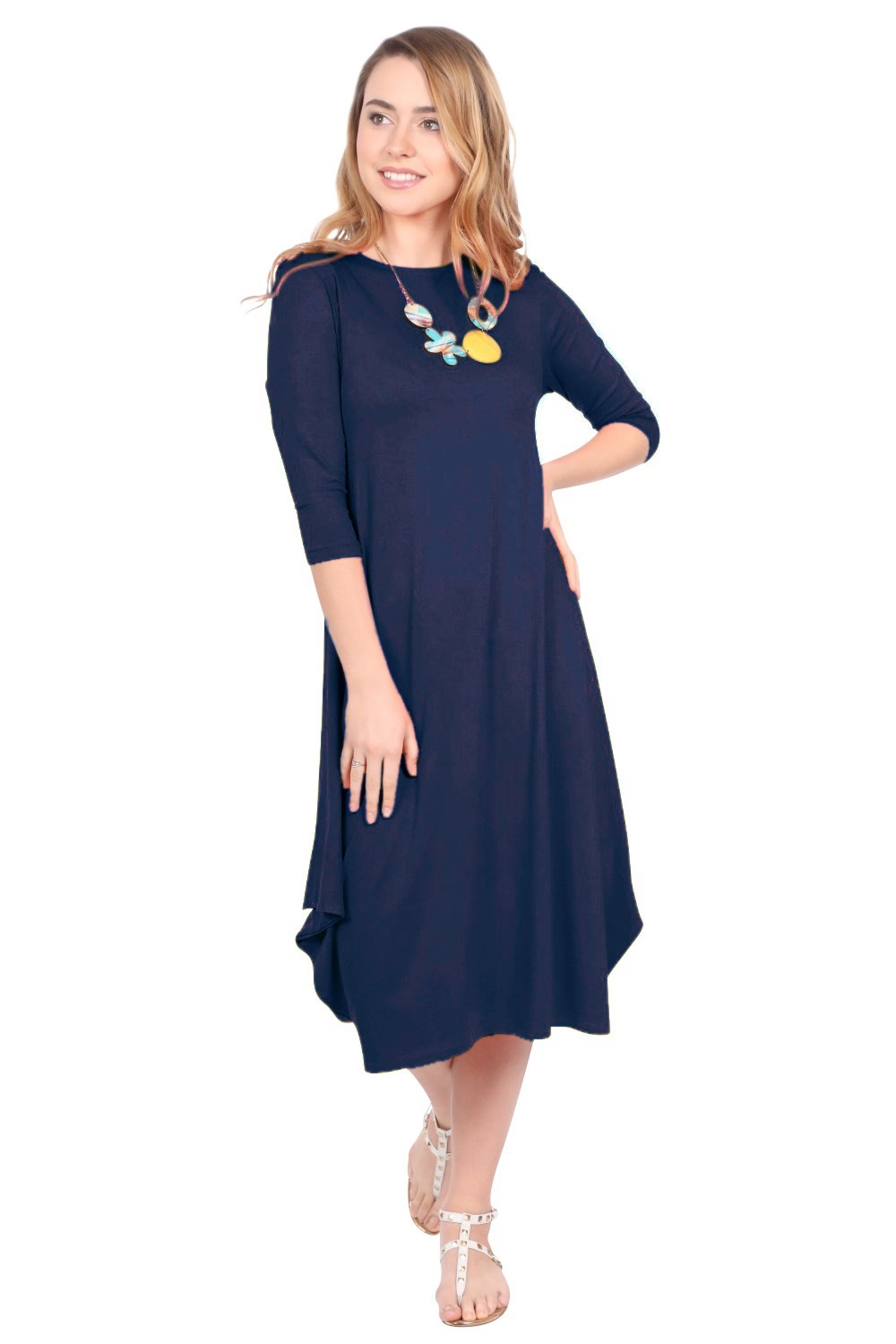 Flowing Midi Dress with 3/4 Sleeves and Dramatic Drape