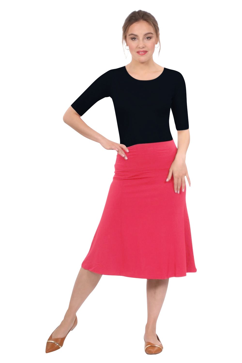 Sleek A-Line Adjustable Waist Midi Skirt with Fold-Over Waistband