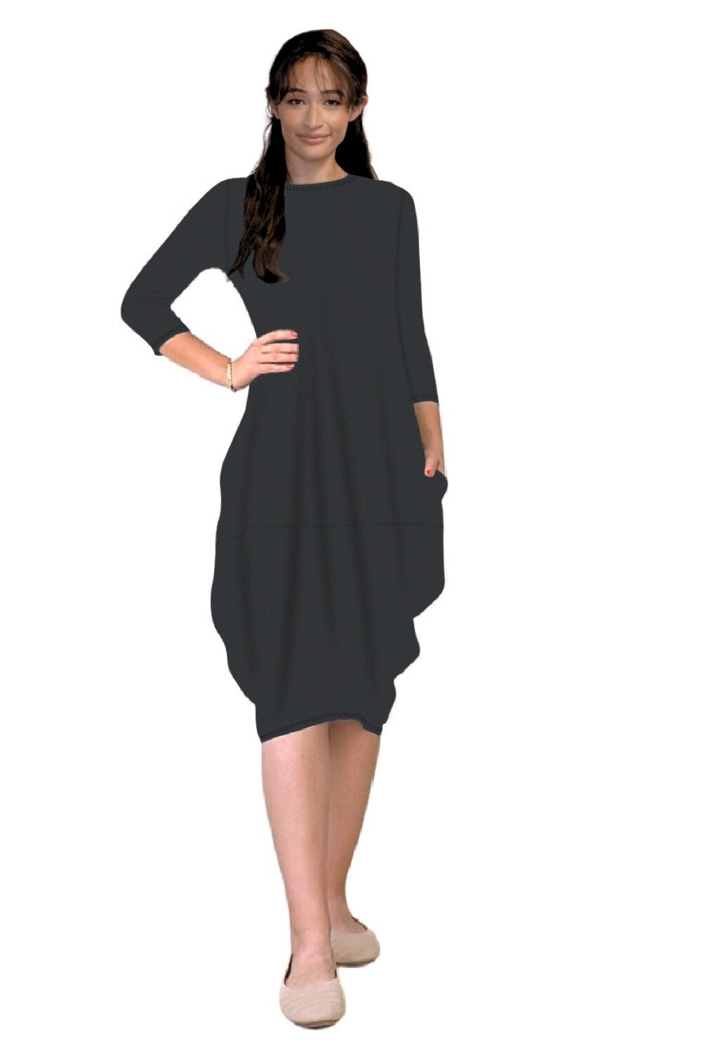 3/4 Sleeve Tulip Cocoon Dress - Mid-Calf Length with Pockets