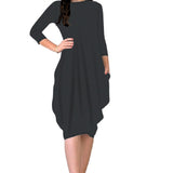 3/4 Sleeve Tulip Cocoon Dress - Mid-Calf Length with Pockets