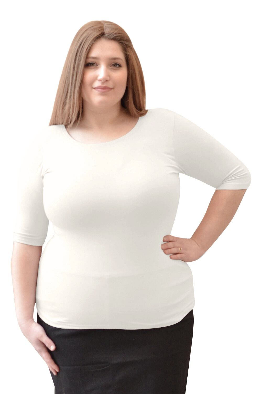 Plus Size Fitted Layering Shell - Modest Round Neck with Elbow Sleeves