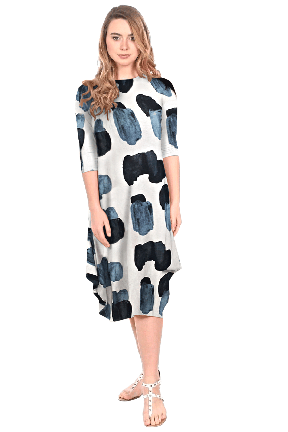 Flowing Midi Dress with 3/4 Sleeves and Dramatic Drape