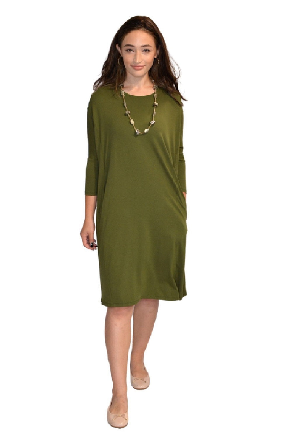 Relaxed Fit Modest 3/4 Sleeve Knee-Length Dress with Pockets