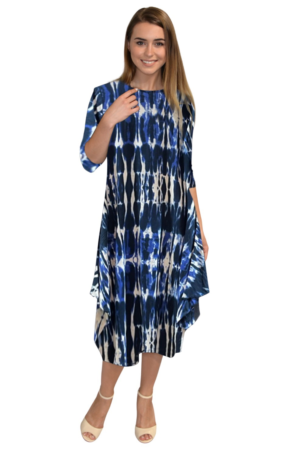 Flowing Midi Dress with 3/4 Sleeves and Dramatic Drape