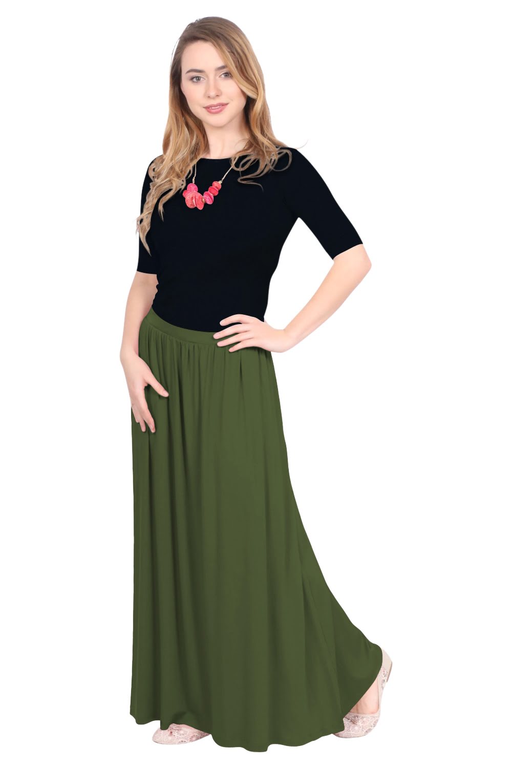 Women's Flowing Long Maxi Skirt with Pockets - Full Covered Elastic Waist