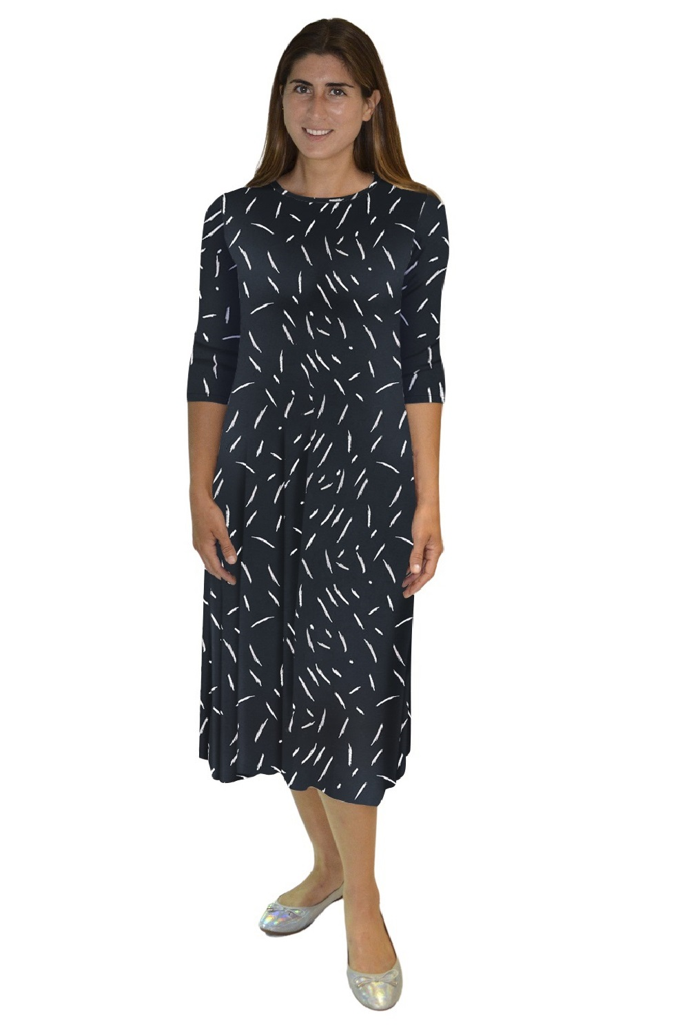 Mid-Calf 3/4 Sleeve Swing Dress with Pockets