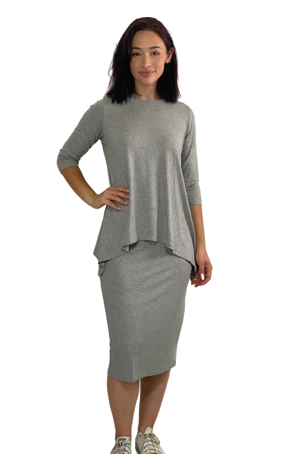 Ribbed Knit Mid-Calf Pencil Skirt - Stretch Comfort