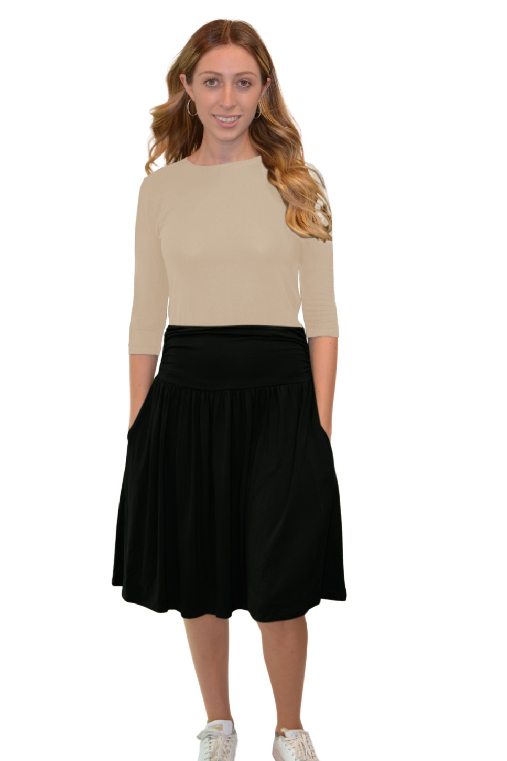 Women's Knee-Length Skirt with Ruched Waist, Gathered Style and Side Pockets