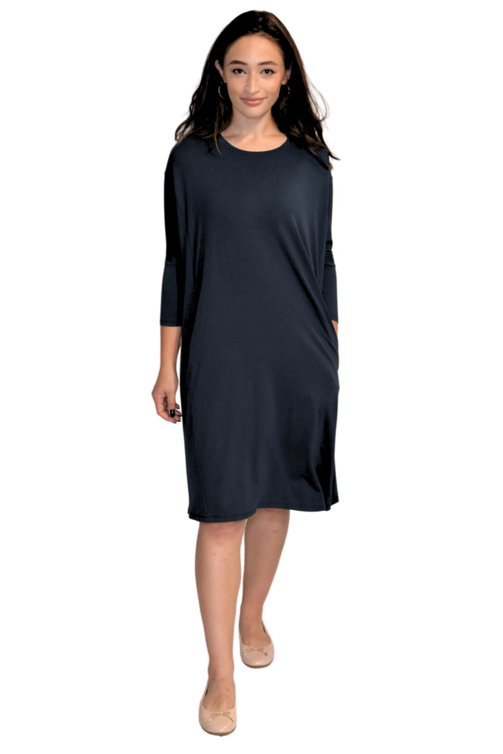 Relaxed Fit Modest 3/4 Sleeve Knee-Length Dress with Pockets